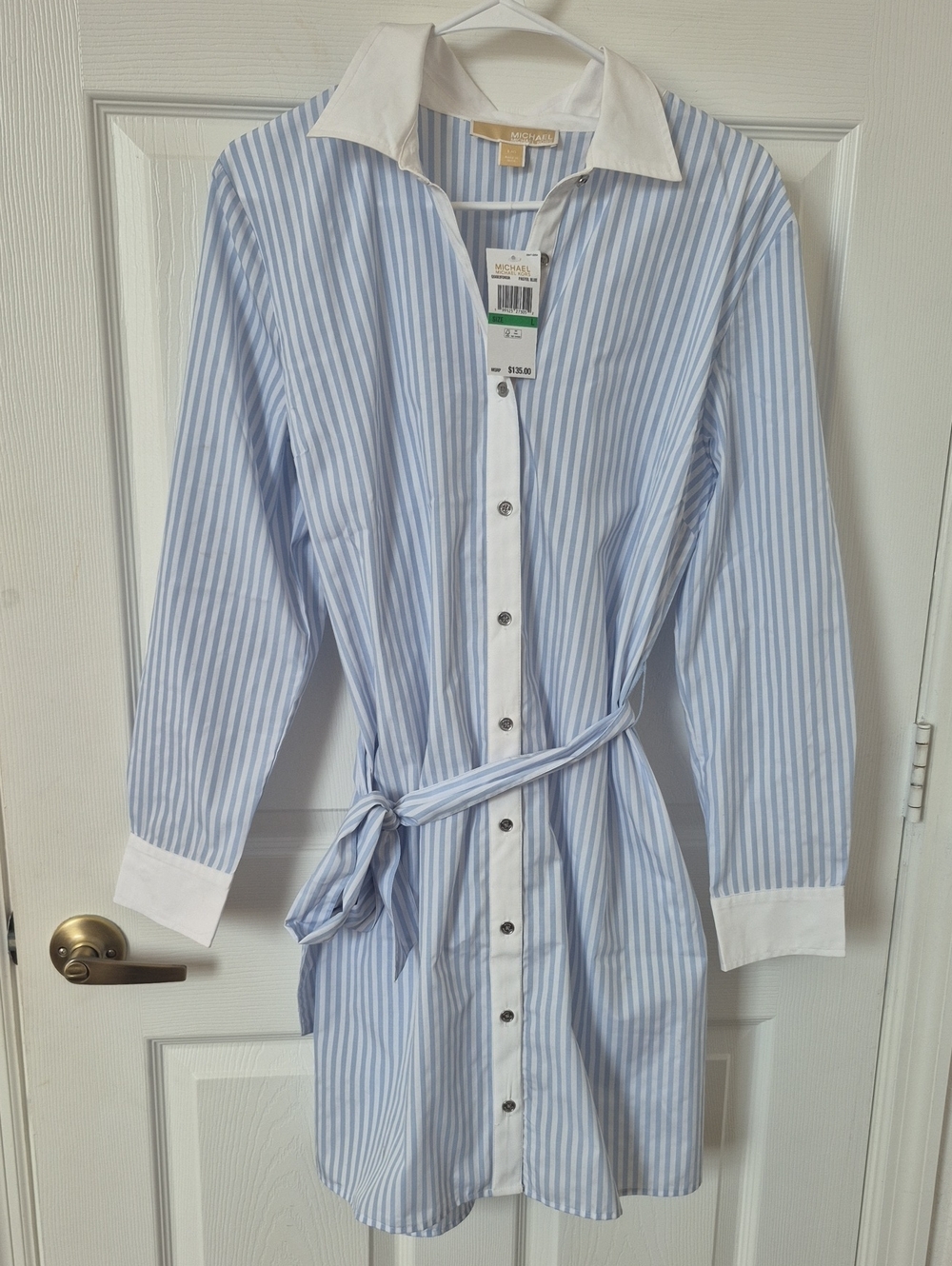 NWT Michael Kors Striped Poplin  Shirt Dress with White Contrast Collar/Sleeve.